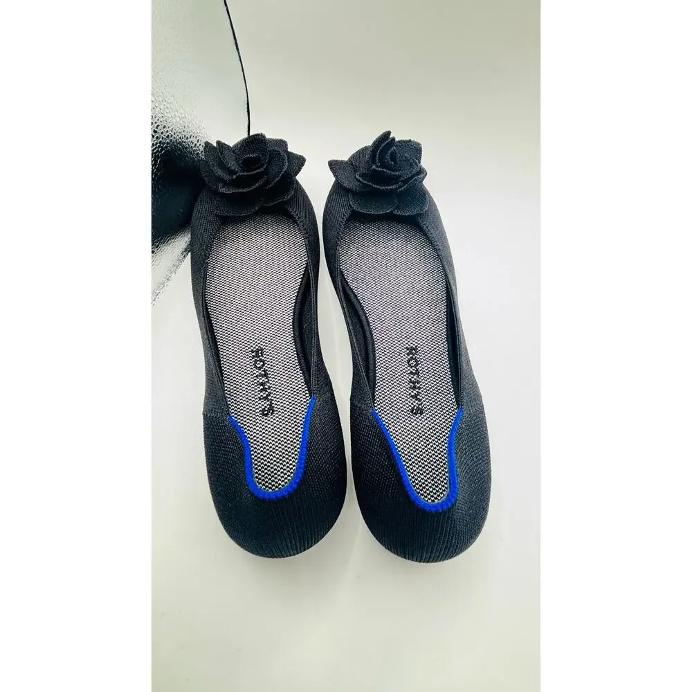 Rothy’s The Petal Square 3D rosette Black ballerina flats slippers shoes sz 12